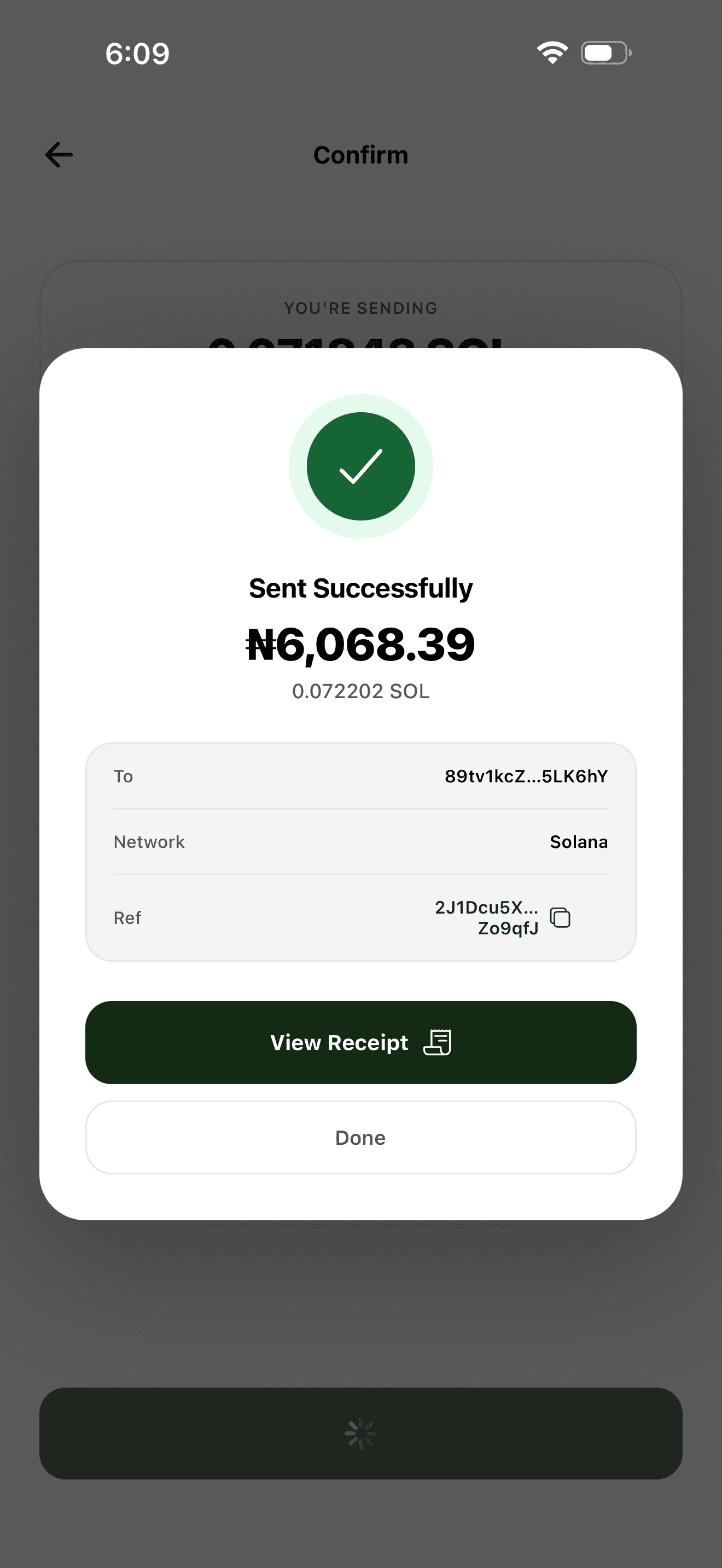 Sawa Wallet confirming a payment was sent successfully